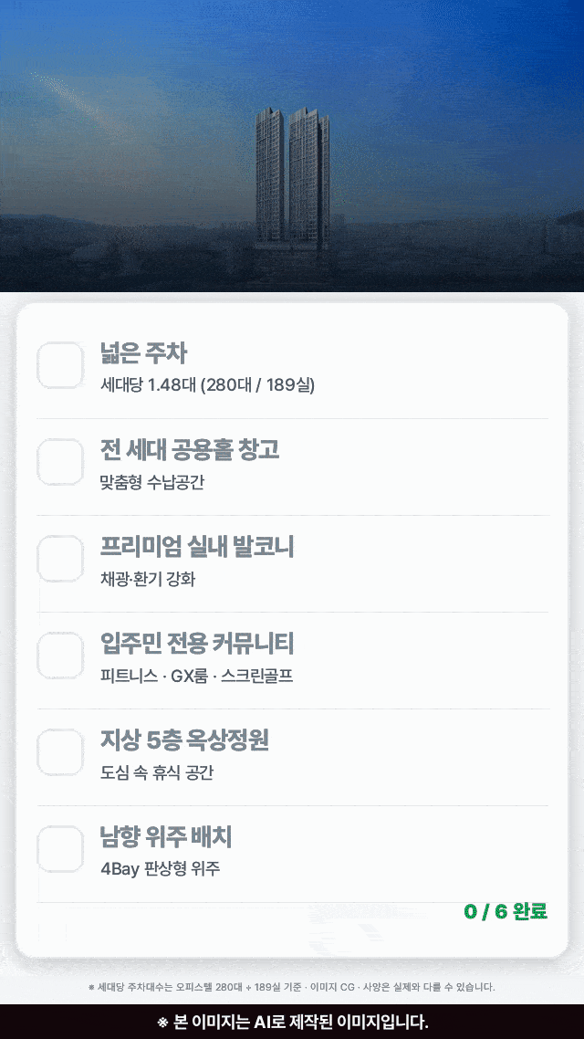 완벽한 공간디자인 체크리스트 — 세대당 주차 1.48대, 전 세대 공용홀 창고, 프리미엄 실내 발코니, 입주민 전용 커뮤니티, 지상 5층 옥상정원, 남향 위주 배치
